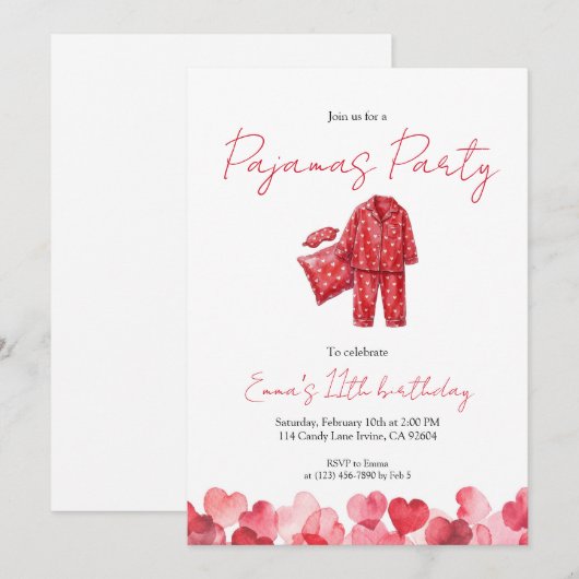 Red Heart Pajamas Sleepover Birthday 招待状 (正面/裏面)