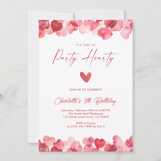 Red Heart Party Hearty Birthday 招待状 (正面)