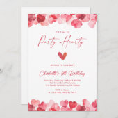 Red Heart Party Hearty Birthday 招待状 (正面/裏面)