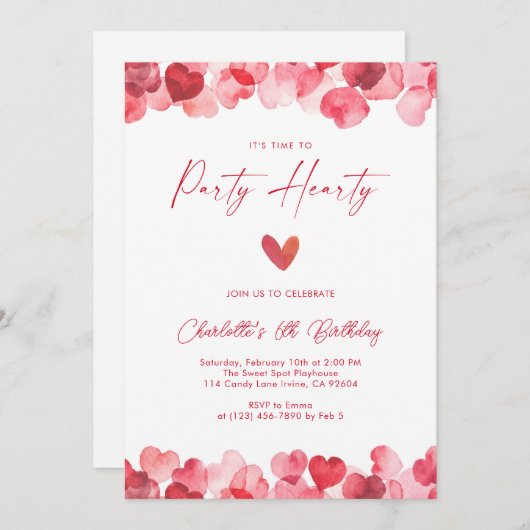 Red Heart Party Hearty Birthday 招待状 (正面/裏面)