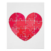 Red heart puzzle watercolor illustration ポスター (正面)