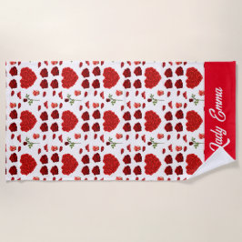 Red heart red flowers garden chic floral foliage ビーチタオル