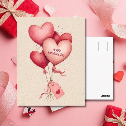 Red Heart Shaped Balloons Valentine`s Day Card ポストカード