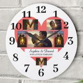 Red Heart Valentine Couple Photo Name Personalized ラージ壁時計