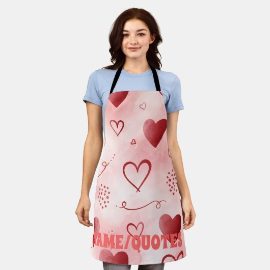 Red Heart Watercolor Seamless Pattern エプロン (着用した状態)