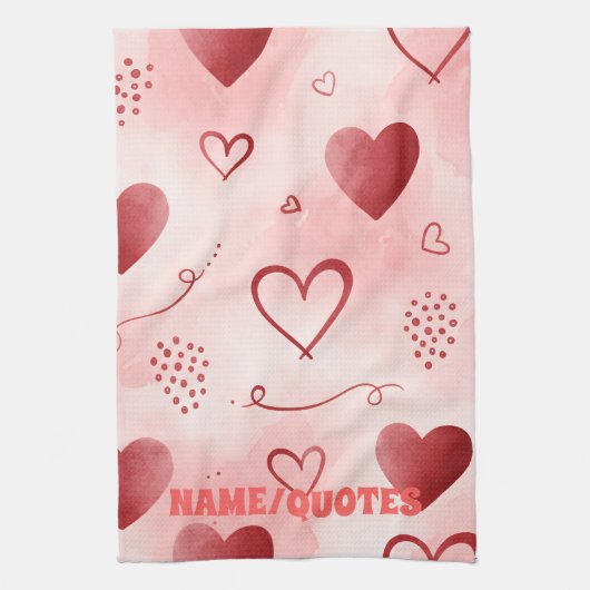 Red Heart Watercolor Seamless Pattern キッチンタオル (縦)