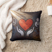 Red Heart with Hands Graffiti On a Brick Wall クッション (ブランケット)