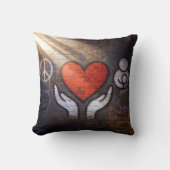 Red Heart with Hands Graffiti On a Brick Wall クッション (正面)