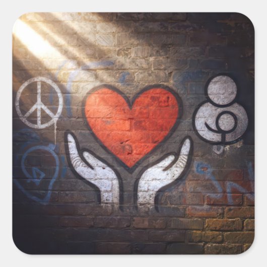 Red Heart with Hands Graffiti On a Brick Wall スクエアシール (正面)