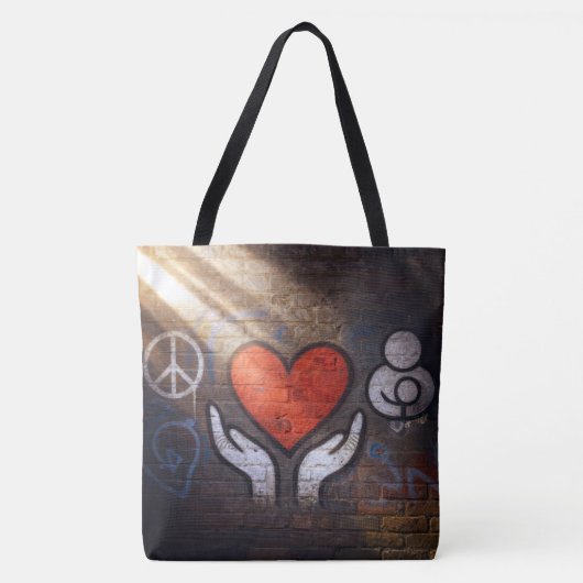 Red Heart with Hands Graffiti On a Brick Wall トートバッグ (正面)