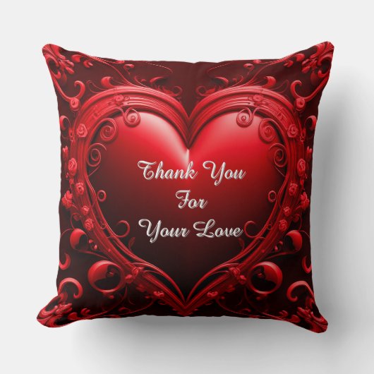 Red Heart With Ornate Floral Frame クッション (正面)