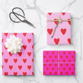 Red Hearts Abstract Hand Drawn Boho Style Pattern ラッピングペーパーシート