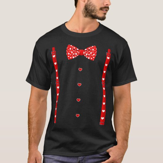 Red Hearts Bow Tie Suspenders Valentines Day Costu Tシャツ (正面)