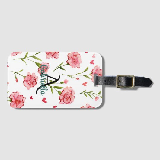 Red Hearts Flowers Monogram Name ラゲッジタグ (正面横)