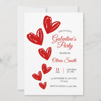 Red hearts galentines party invite , valentines 招待状