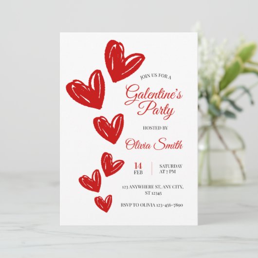 Red hearts galentines party invite , valentines  招待状 (スタンド正面)
