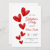 Red hearts galentines party invite , valentines  招待状 (正面/裏面)