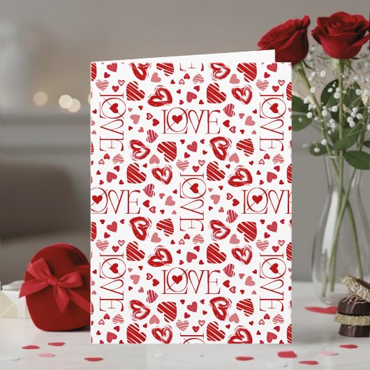 Red Hearts Pattern Love Script Happy Valentine's カード