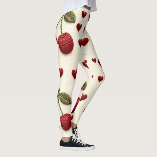 Red Hearts Pattern White Leggings - Romantic Valen レギンス (右)