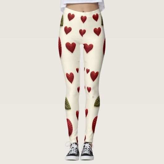 Red Hearts Pattern White Leggings - Romantic Valen レギンス (正面)