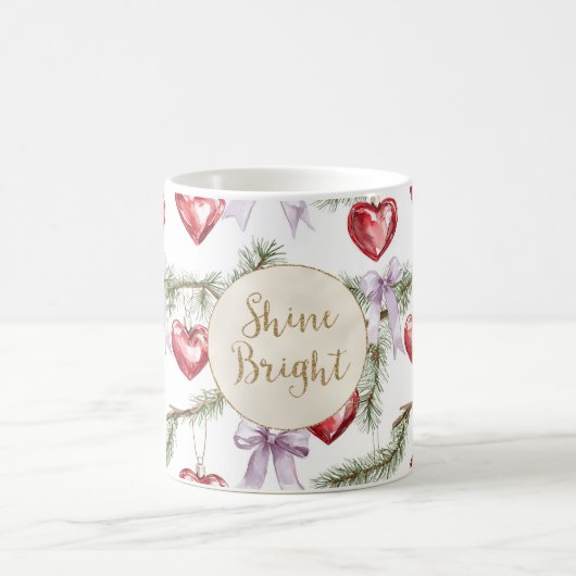 Red Hearts Purple Bows Christmas Gold Glitter   コーヒーマグカップ (中央)