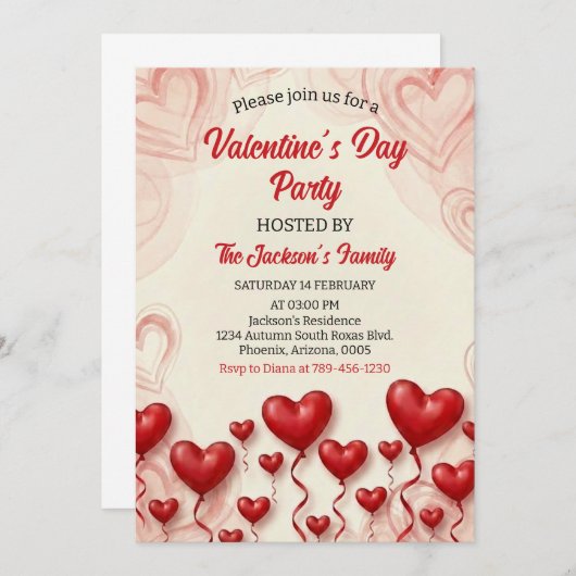 Red Hearts Valentine's Day Party 招待状 (正面/裏面)