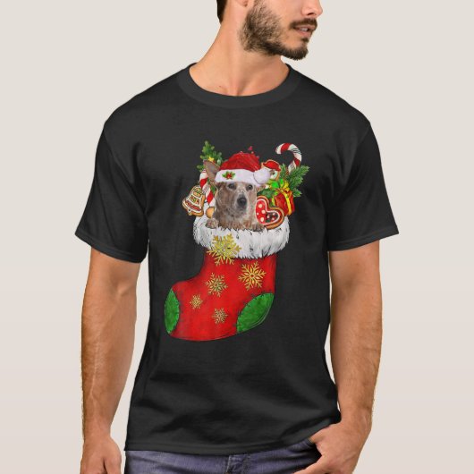 RED Heeler In Sock Christmas Santa Hat Christmas D Tシャツ (正面)
