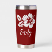 Red Hibiscus Tropical Script Name Design 保温保冷タンブラー (正面)
