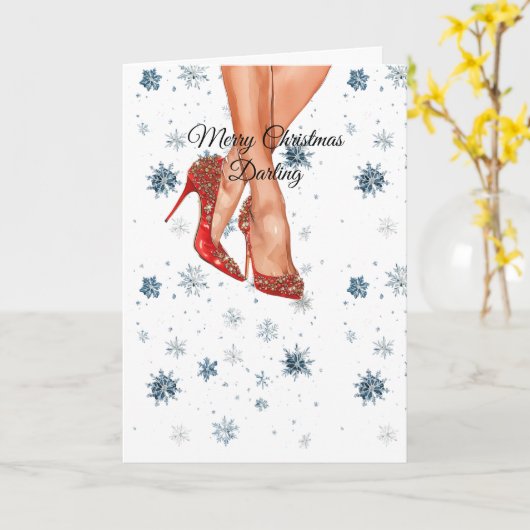 Red High Heels Female Legs Christmas カード (黄色い花)