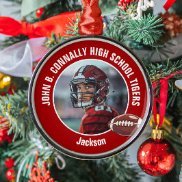Red High School Football Player Photo Christmas メタルオーナメント