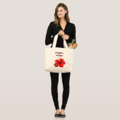 RED HISBICUS FLORAL JUMBO NEUTAL CANVAS TOTE ラージトートバッグ (正面(モデル))