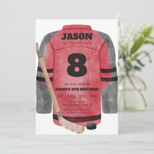 Red Hockey Jersey Birthday Sports Party 招待状 (スタンド正面)