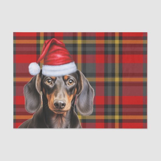 Red Holiday Plaid Smooth Coat Dachshund Christmas 薄葉紙 (正面)