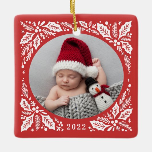 Red Holly 2年のクリスマスの写真 セラミックオーナメント (正面)