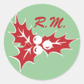 Red Holly Leaves Custom Initials Holiday Sticker ラウンドシール (正面)