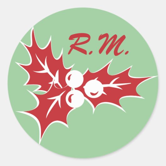 Red Holly Leaves Custom Initials Holiday Sticker ラウンドシール (正面)