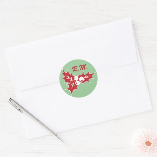 Red Holly Leaves Custom Initials Holiday Sticker ラウンドシール (封筒)