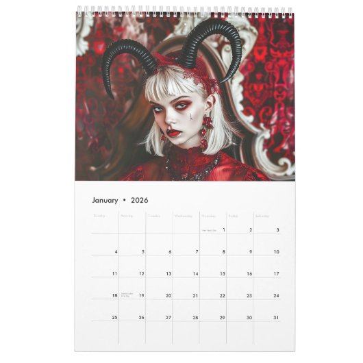 Red Horns, Black Hearts - Gothic Style Calendar カレンダー (1月 2026)
