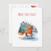 Red horse galloping through a snowy, Christmas シーズンポストカード (正面/裏面)