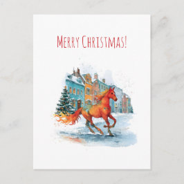 Red horse galloping through a snowy, Christmas シーズンポストカード