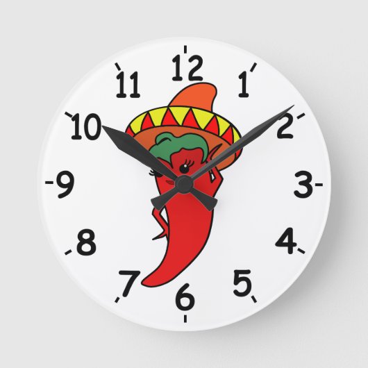 Red Hot Kawaii Pepper Diva Mexican Sombrero  ラウンド壁時計 (正面)