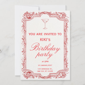 red illustrated vintage birthday party invitation 招待状