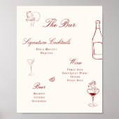 Red Illustrated Whimsical Wedding Bar Menu ポスター (正面)