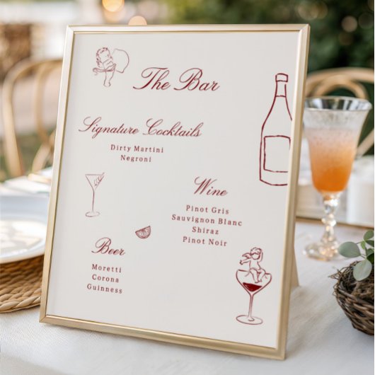 Red Illustrated Whimsical Wedding Bar Menu ポスター