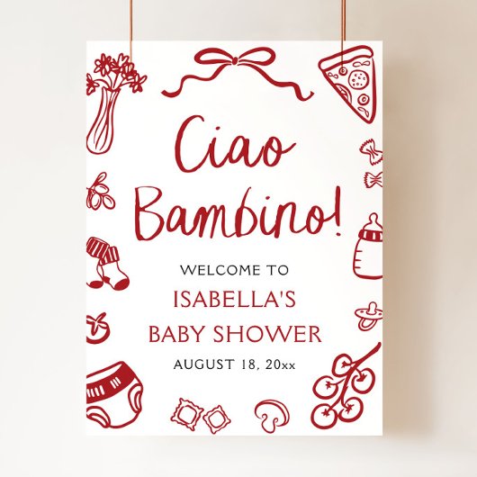 Red Italian Cute Ciao Bambino Baby Shower Welcome ポスター