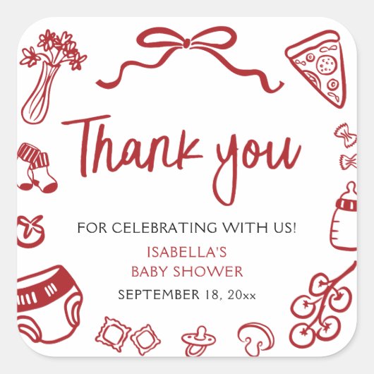 Red Italian Hand Drawn Pizza Baby Shower Thank you スクエアシール (正面)