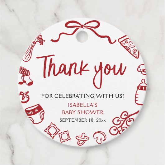Red Italian Hand Drawn Pizza Baby Shower Thank you フェイバータグ (正面)