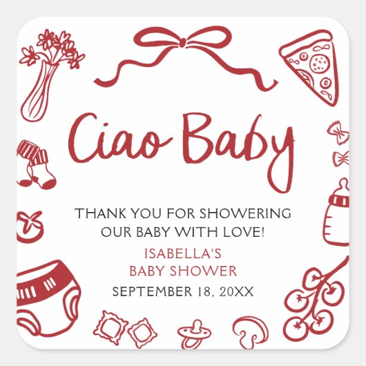 Red Italian Hand Drawn Pizza Ciao Baby Baby Shower スクエアシール (正面)