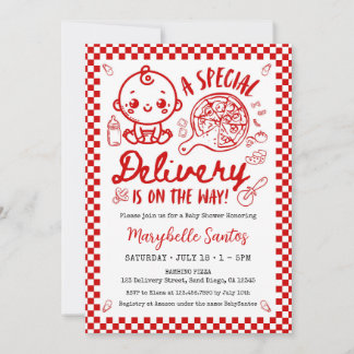 Red Italian Special Delivery Baby Invitation 招待状