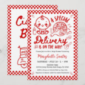 Red Italian Special Delivery Baby Invitation 招待状 (正面/裏面)
